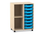 Flexeo Regal PRO mit 2 Reihen, 2 F�chern und 8 kleinen Boxen Hellblau, Dekor Ahorn-Honig, mit Rollen