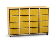 Flexeo Regal mit 4 Reihen, Dekor Buche hell, Stellf��e, 16 hohe Schubladen gelb, HxBxT: 92,3 x 130,7 x 40,8 cm