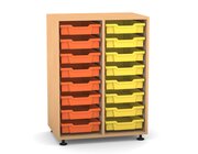 Flexeo Regal PRO mit 2 Reihen und 16 kleinen Boxen Dekor Buche hell, Stellf��e, Boxen orange gelb