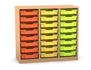 Flexeo Regal PRO mit 3 Reihen und 24 kleinen Boxen Dekor Buche hell, Sockel, Boxen orange gelb gr�n