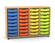 Flexeo Regal PRO, HxBxT: 99.1 x 143.9 x 48 cm, mit 4 Reihen und 32 kleinen Boxen Dekor Buche hell, Stellf��e, Boxen orange gelb gr�n hellblau
