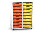 Flexeo Regal PRO mit 2 Reihen, Rollen, inkl. 16 kleine Boxen orange/gelb, Dekor: wei�