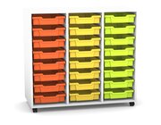 Flexeo Regal PRO wei�, 3 Reihen, Rollen, 24 kleine Boxen orange/gelb/gr�n, HxBxT: 99,1 x 108,5 x 48 cm