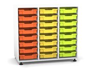 Flexeo Regal PRO mit 3 Reihen und 24 kleinen Boxen Dekor wei�, Stellf��e, Boxen orange gelb gr�n