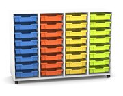 Flexeo Regal PRO wei�, HxBxT: 99.1 x 143.9 x 48 cm, mit 4 Reihen, Rollen, inkl. 32 kleinen Boxen bunt A