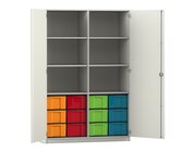 Flexeo Hochschrank mit 6 F�chern, Dekor wei�, HxBxT: 190x126,4x50 cm, 12 gro�en Boxen bunt, Bogengriff mit Schloss