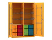 Flexeo� Sportschrank, Dekor gelb, Ger�tehaken, 4 Gitterk�rbe, 12 gro�e Boxen bunt