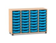 Flexeo Regal PRO, HxBxT: 99.1 x 143.9 x 48 cm, Buche hell, 4 Reihen und 32 kleinen Boxen hellblau, Sockel