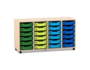Flexeo Regal PRO, 4 Reihen, 24 kleine Boxen gr�n-blau, Ahorn honig mit Rollen