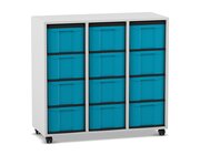 Flexeo Regal, 3 Reihen, 12 gro�e Boxen blau, Dekor grau, mit Sockel