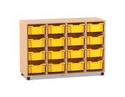 Flexeo� Regal PRO, Buche hell, mit 4 Reihen und 16 gro�en Boxen gelb, Rollen