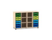 Flexeo Regal PRO, Ahorn honig, 4 Reihen, 16 kleine Boxen, bunte Variante B, Rollen, HxBxT: 99,1x143,9x48 cm