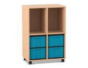 Flexeo� Regal mit 2 Reihen, 2 F�chern und 4 gro�en Boxen hellblau unten, Rollen