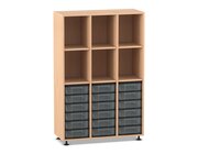 Flexeo� Regal mit 3 Reihen, 6 F�chern und 18 kleinen transparenten Boxen unten, Sockel