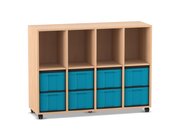 Flexeo� Regal Buche hell, 4 Reihen, 4 F�cher und 8 gro�en Boxen hellblau unten, Rollen