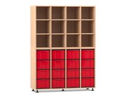 Flexeo Regal mit 4 Reihen, Buche hell, Sockel, inkl. 16 gro�e Boxen rot unten