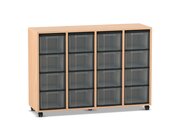 Flexeo Regal mit 4 Reihen, Dekor Buche hell, Stellf��e, 16 hohe Schubladen transparent