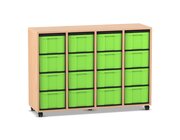 Flexeo Regal mit 4 Reihen, Dekor Buche hell, Rollen, 16 hohe Schubladen gr�n, HxBxT: 92,3 x 130,7 x 40,8 cm
