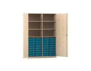 Flexeo Hochschrank mit Dreht�ren, Ahorn Honig, 190x126,4x60 cm, 32 kleine Boxen blau, Dreholive