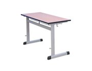 Zweier-Sch�lertisch, 130x55cm, Holzdekor Ahorn, L-Fu�, h�henverstellbar v. 58-64-70-76-82 cm, PU-Kante, Gestellfarbe RAL 9006 Wei�aluminium