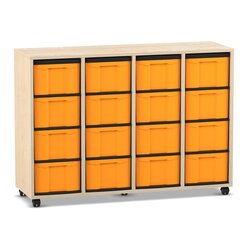 Flexeo Regal mit 4 Reihen, Ahorn Honig, HxBxT: 92,3 x 130,7 x 40,8 cm, Rollen, 16 hohe Schubladen gelb