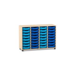Flexeo Regal PRO wei�, HxBxT: 99.1 x 143.9 x 48 cm, 4 Reihen, 32 kleine Boxen hellblau/dunkelblau, Sockel