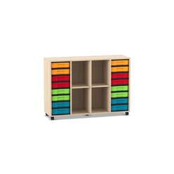 Flexeo Regal, Ahorn honig, 4 Reihen, 2 Fachb�den, 16 kleine Boxen bunt, Rollen, HxBxT: 92,3x130,7x40,8 cm