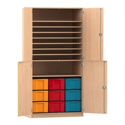 Flexeo Bastelschrank, Buche hell, BxHxT: 94,4 x 190 x 60 cm, 9 gro�e Boxen bunt, Dreholive