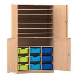 Flexeo Bastelschrank, Buche hell, HxBxT: 190x108,1x60 cm, 4 Halbt�ren, 9 gro�e Boxen bunt B, Dreholive