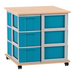 Flexeo� Fahrbares Containersystem Buche hell mit Ablage, 12 gro�e Boxen blau Rahmen grau