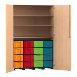 Flexeo� Garagenschrank, Buche hell, HxBxT: 190 x 126,4 x 60 cm, 16 gro�e Boxen bunt, Bogengriff mit Schloss