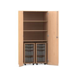 Flexeo� Garagenschrank PRO, Buche hell, HxBxT: 190 x 94,4 x 60 cm, 2 Rollcontainer, 8 Boxen Gr. S und M transparent, Bogengriff mit Schloss