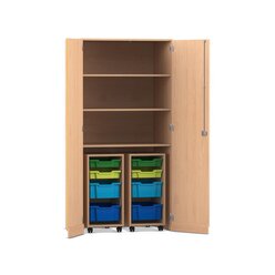 Flexeo� Garagenschrank PRO, Buche hell, HxBxT: 190 x 94,4 x 60 cm, 2 Rollcontainer, 8 Boxen Gr. S und M, bunt B, Dreholive Schloss