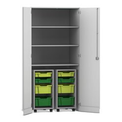 Flexeo� Garagenschrank PRO, Dekor grau, HxBxT: 190 x 94,4 x 60 cm, 2 Rollcontainer, 8 Boxen Gr. S und M, dunkelgr�n/hellgr�n, Bogengriff mit Schloss