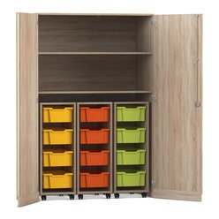 Flexeo� Garagenschrank PRO, Eiche natur, HxBxT: 190 x 126,4 x 60 cm, 3 Rollcontainer, 12 Boxen bunt A, Dreholive