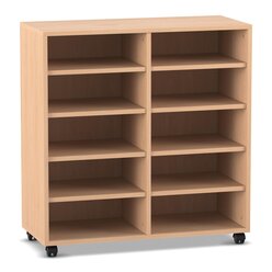 Flexeo Regal, Buche hell, 2 Reihen, 10 F�cher, HxBxT 98 x 94 x 40 cm, Rollen