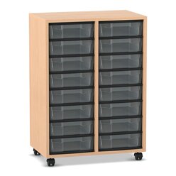 Flexeo� Materialregal Buche hell, HxBxT: 92,3x66,5x40,8 cm, 2 Reihen, 16 kleine Boxen, Boxenfarbe transparent, Rollen