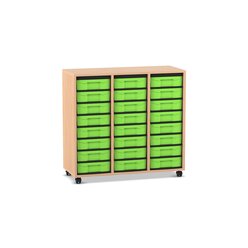 Flexeo Regal mit 3 Reihen, Buche hell, Rollen, 24 Boxen gr�n, HxBxT: 92,3x98,6x40,8 cm