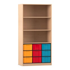Flexeo Regal, Buche hell, 3 F�cher, 9 gro�e Boxen bunt, HxBxT: 190 x 94,4 x 48 cm
