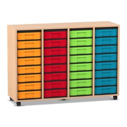 Flexeo� Regal Buche hell, 4 Reihen, 32 kleine Boxen, bunt, Rollen