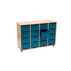 Flexeo Regal, Buche hell, 4 Reihen, 16 gro�e treeNside Boxen blau, HxBxT 93x131x41 cm, Rollen