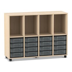 Flexeo Regal, Ahorn honig, 4 Reihen, 4 F�cher, 16 kleine Boxen transparent, Rollen