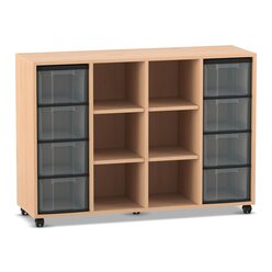 Flexeo Regal, Buche hell, 4 Reihen, 8 gro�e Boxen transparent, 6 F�cher mittig, HxBxT: 92,3 x 130,7 x 40,8 cm, Rollen