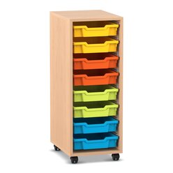 Flexeo Regal PRO, Buche hell, HxBxT: 99,1 x 37,7 x 48 cm, 1 Reihe, 8 kleine Boxen, Rollen