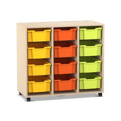 Flexeo Regal PRO, Buche hell, 3 Reihen, 12 gro�e Boxen bunt A, Rollen, HxBxT: 99,1 x 108,5 x 48 cm