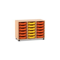 Flexeo� Regal PRO, Buche hell, mit 3 Reihen und 18 kleinen Boxen orange-gelb, Rollen