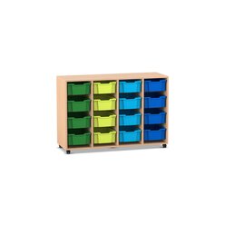 Flexeo Regal PRO, Buche hell, 4 Reihen, 16 gro�e Boxen bunt B, Rollen, 143,9x99,1x48 cm