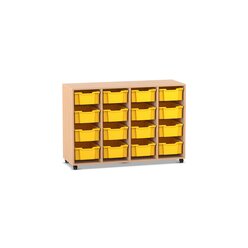 Flexeo Regal PRO, Buche hell, 4 Reihen, 16 gro�e Boxen gelb, Sockel, 143,9x99,1x48 cm