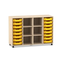 Flexeo� Regal PRO Ahorn honig, 99,1 x 143,9 x 48 cm, 4 Reihen, 6 F�cher, 16 Boxen gelb, Rollen