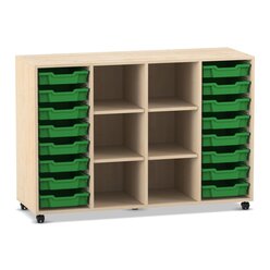 Flexeo Regal PRO, Ahorn honig, 4 Reihen, 16 kleine Boxen dunkelgr�n, Rollen, HxBxT: 99,1x143,9x48 cm